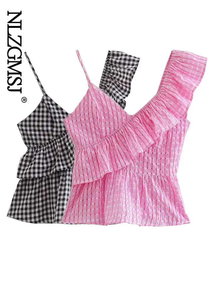 

Клетчатая женская кофта Nlzgmsj 2022 с оборками и V-образным вырезом, Клубные пляжные женские топы, милая летняя Праздничная женская кофта 202204