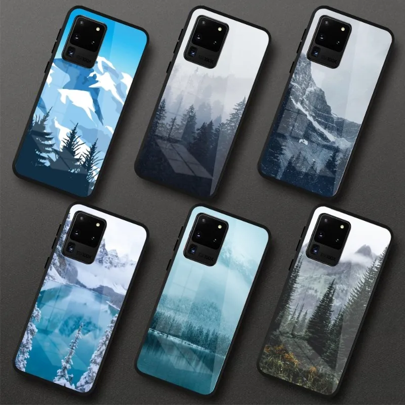 Mountain Tree Phone Case For Samung A32 A51 A52 NOTE 10 20 S10 S20 S21 S22 Pro Ultra Black PC Glass Phone Cover
