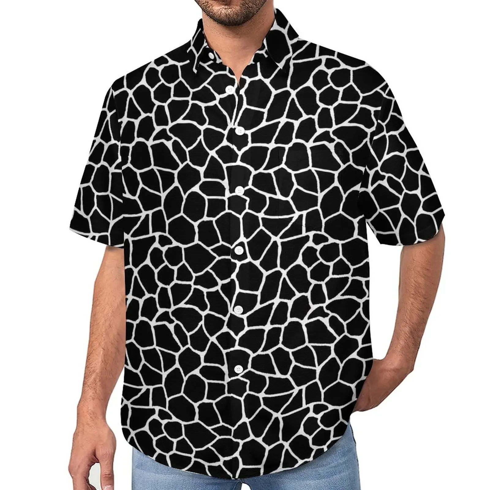 

Giraffe Print Animal Loose Shirt Man Beach Black and White Casual Shirts Hawaii Custom Short Sleeve Retro Oversized Blouses