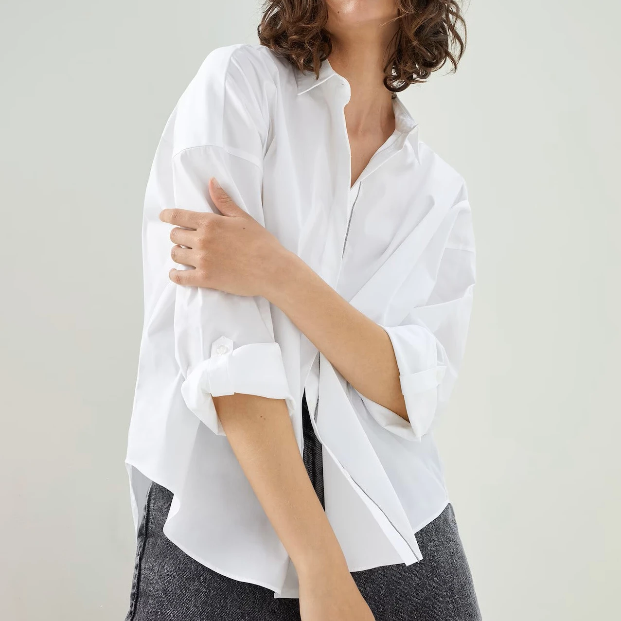 2022 Autumn Women Tops Shiny Bead Chain Placket Design Poplin Shirt Casual Comfortable Shirts