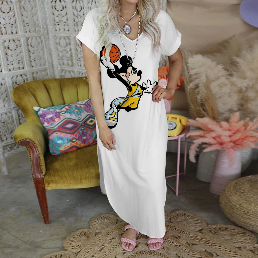 Party Dresses for Women 2022 Minnie Mouse Elegant Casual Women's Dresses Fashion Disney Dress Print Mickey V-Neck Robe Evening