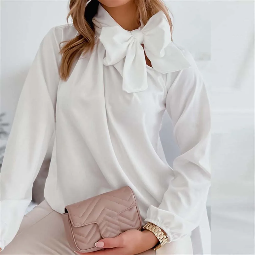 

Women's Blouse Solid Color Turtleneck Bow Loose Bottoming Shirt Tops OL Temperament Elegant Autumn Spring Fashion Ladies Tops