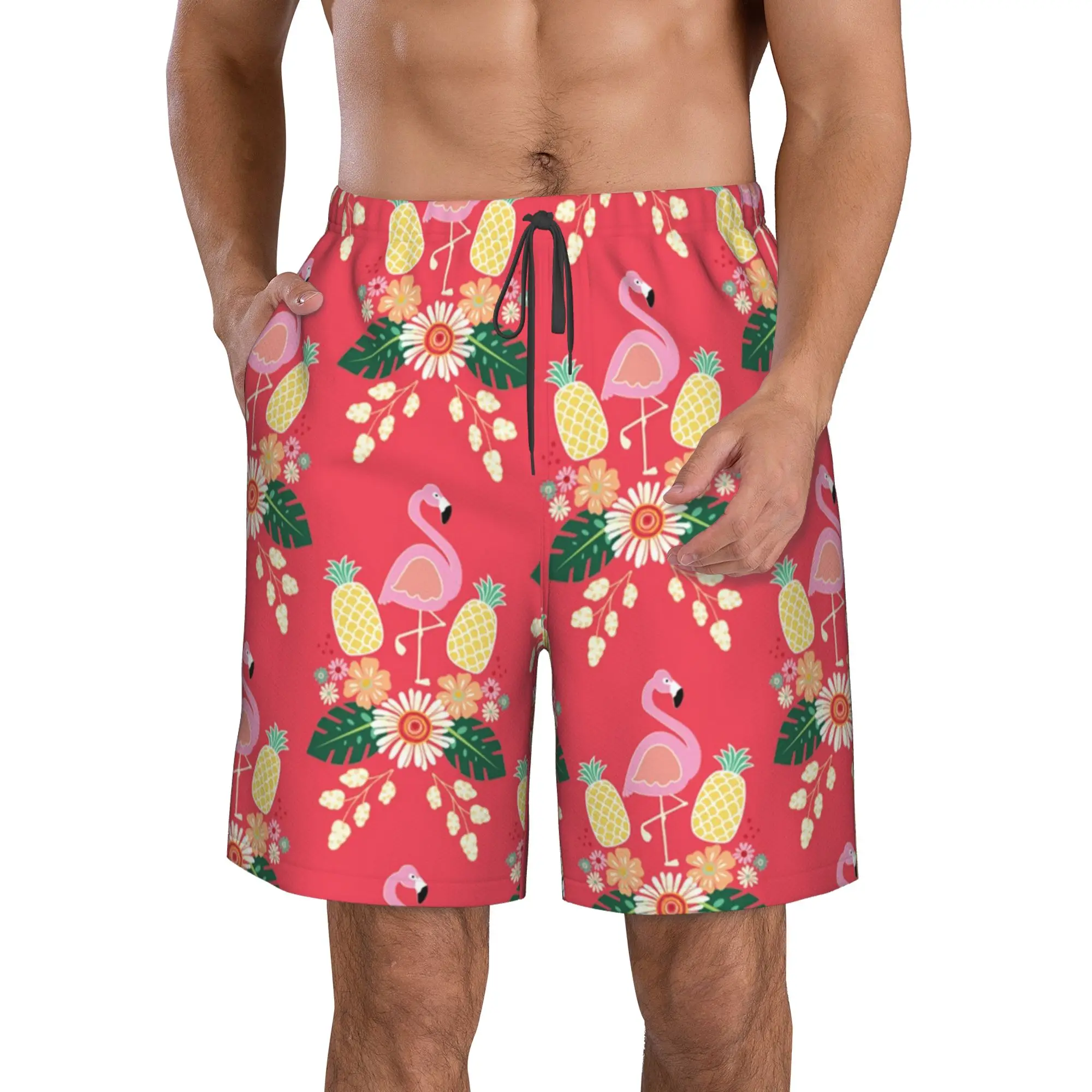

Pink Flamingos Pineapples Teen Beach Pants Sports Shorts Summer Men Beach Swim Suitable Fitness Vacation
