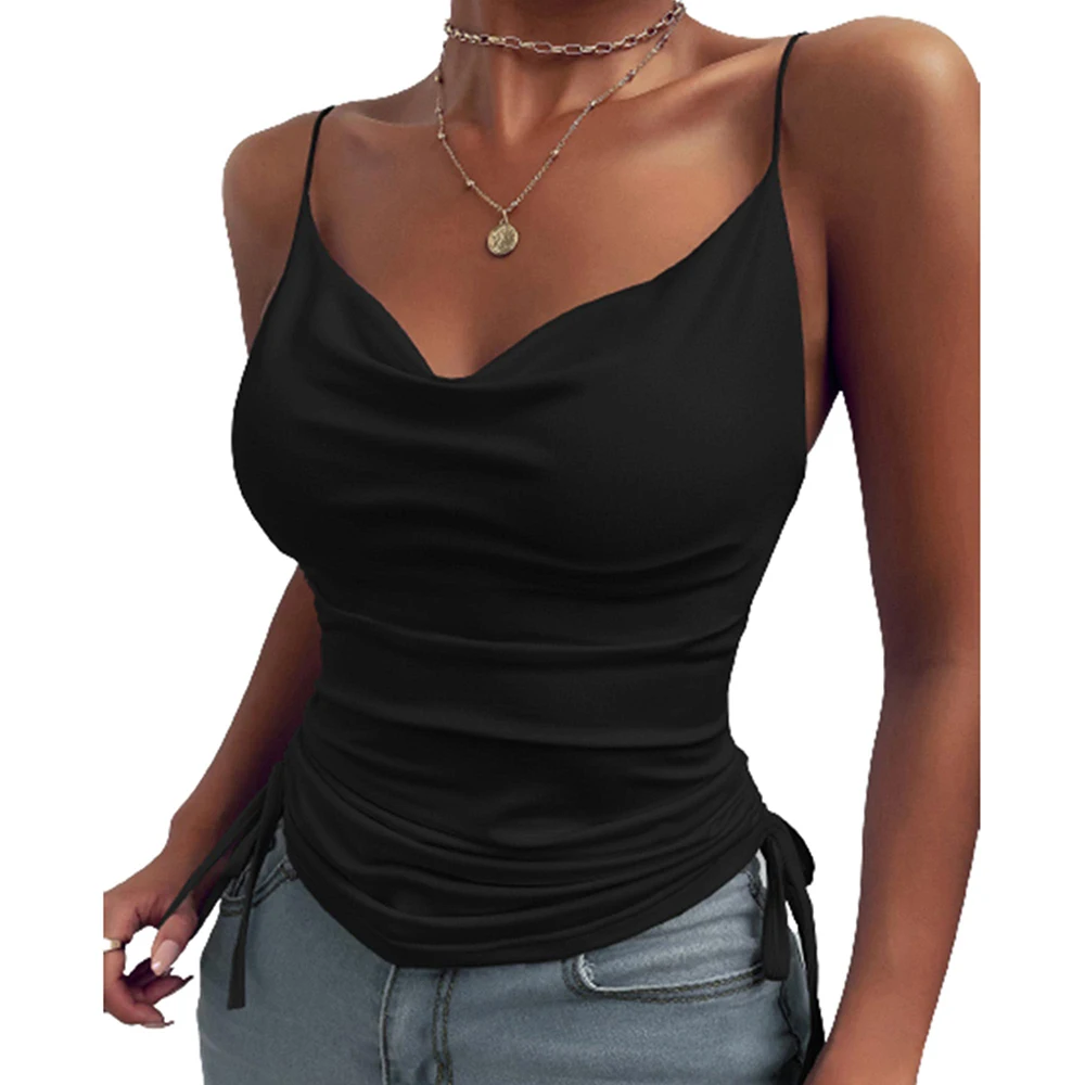 

Women Strappy Sleeve Pullover Draw String Spaghetti Sleeveless Spring Summer Camisole Solid Color Sexy V-Neck Club Tank Top