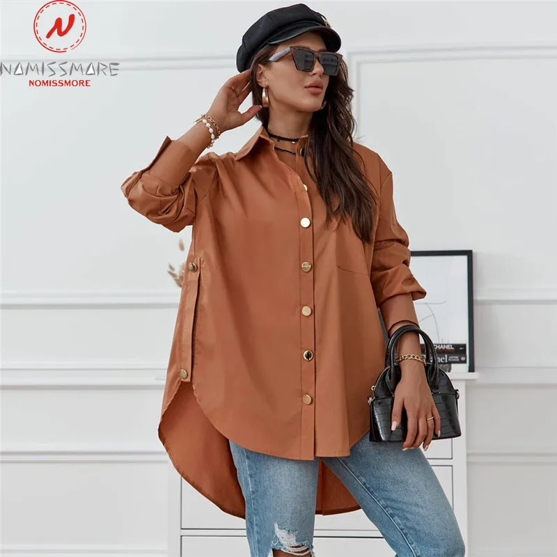 

Fashion Women Solid Color Shirts Single-Breasted Design Pocket Decor Turn-down Collar Long Sleeve Casual Loose Cardigan Top