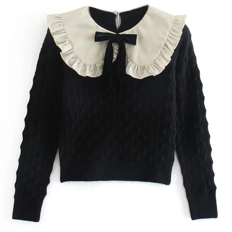 

Свитер Maxdutti, женские модные зимние свитера 2022, Женские винтажные пуловеры в английском стиле с воротником «Питер Пэн» и бантом, топы