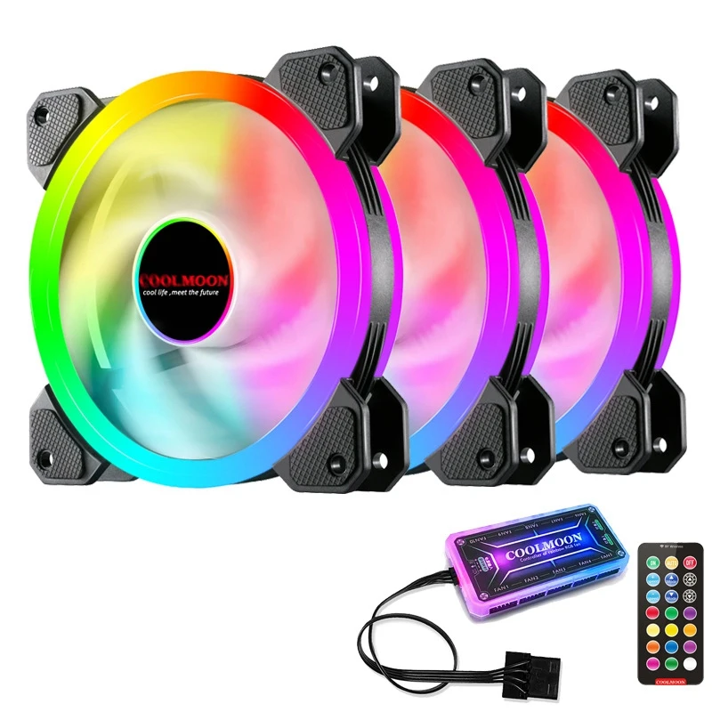 

COOLMOON 120Mm RGB LED Black Cooling Fan With Remote Control Ultra Quiet High Airflow For Cases,Computer Cooling,3 Pack
