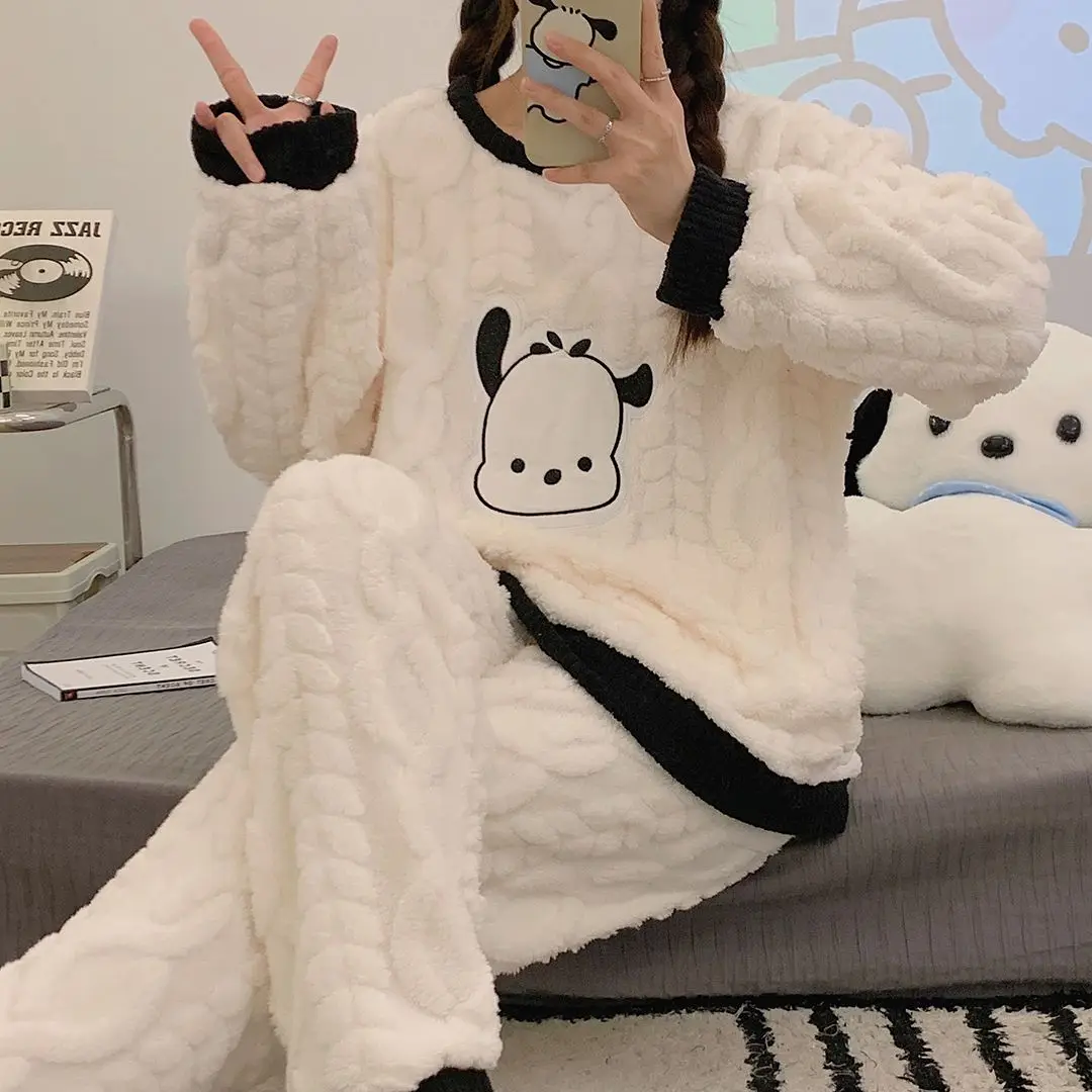 

Sanrio Pochacco Sleepwear Women Autumn Winter Plush Thick Coral Velvet Winter Long Sleeved Flannel Home Clothing External Wear
