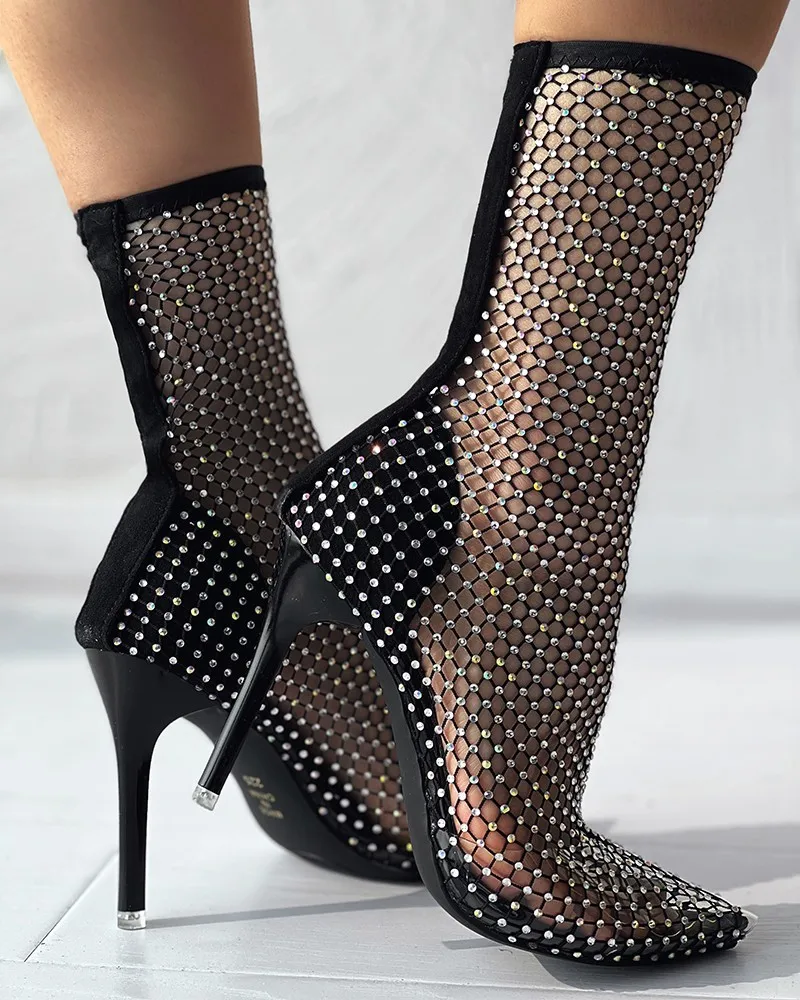 2023 New Summer Women Black Ankle Boots Fishnet Mesh Rhinestone Sexy Stiletto Heel Boots Female Dress Party Shoes