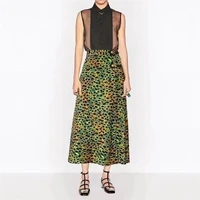 summer new cotton leopardprint high waist digital printing skirt big name high quality womens commuter buckle midi skirt trendy