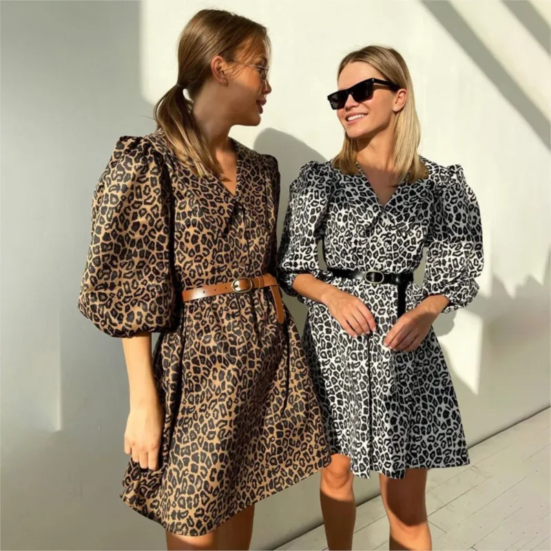 

Women's Dress 2023 New Doll Collar Leopard Print Fashion Temperament Five-Point Sleeve A-Line Dress Free Shipping