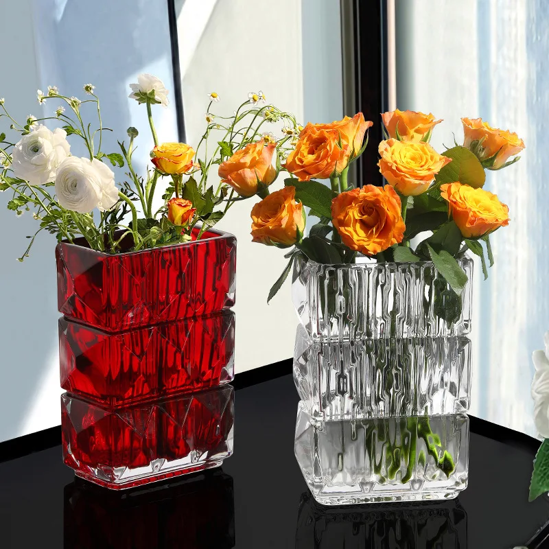 

8'' Diamond Pattern Glass Vase Ornamental Cut Glass Rectangle Flower Holder Home Art Glassware Decor Gift Craft Furnishing