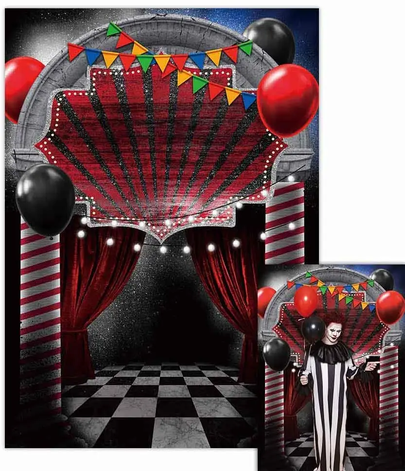 

Halloween Eve Circus Photography Backdrop Horror Creepy Party Scary Entrance Door Vampire Balloons Background Dress-up Decor