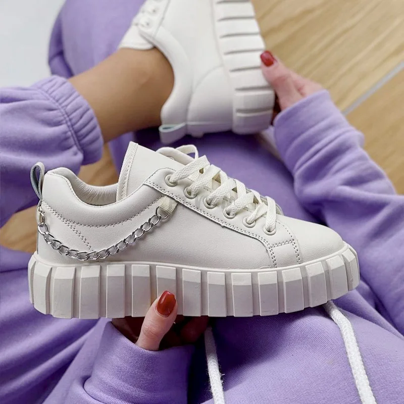 

Fashion White Sneakers Women 2022 Spring New Ladies Comfy Lace Up Casual Shoes With Chain 36-43 Large-Sized Female Sport Flats