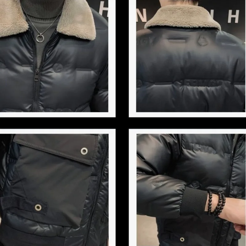 Winter Glossy Men Down Jacket Tooling Style Lapel Thicken Warm Casual Coat Black Grey Korean Fashion Loose Men Short Outerwear