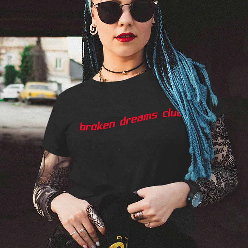 

2000s Grunge Goth Clothes Black Cotton Short Sleeve Broken Dreams Club Women T Shirts O Neck Streetwear T-shirt College Tshirts