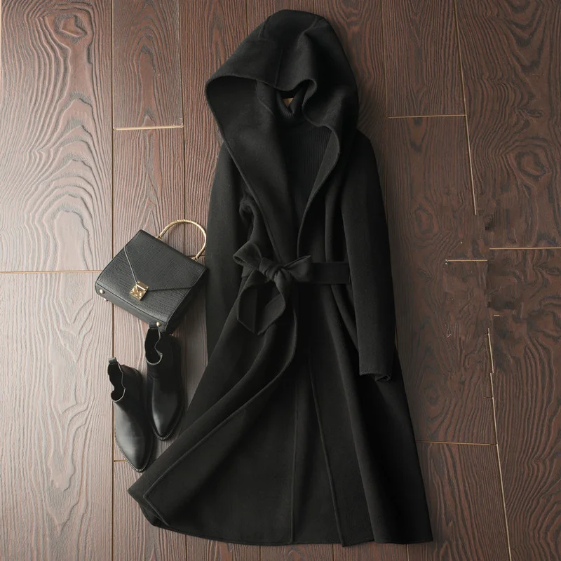 

New Winter Double faced Women Ladies Thicken Warm Hooded Adjustable Waist Wool s Female Real leather Coat