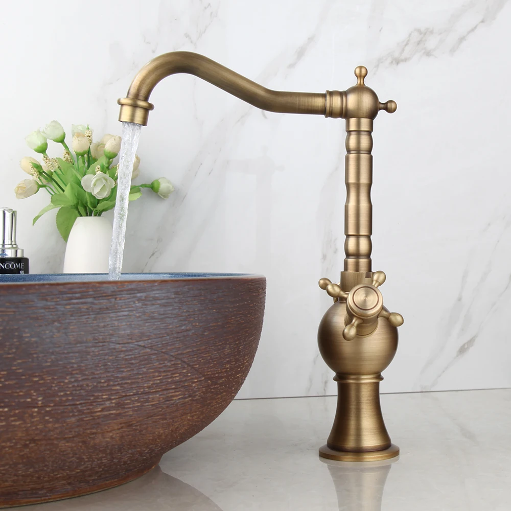 

YANKSMART Antique Brass Swivel Faucet Bathroom Dual Handle Sink Faucets Single Hole Swivel Hot Cold Water Mixer Tap