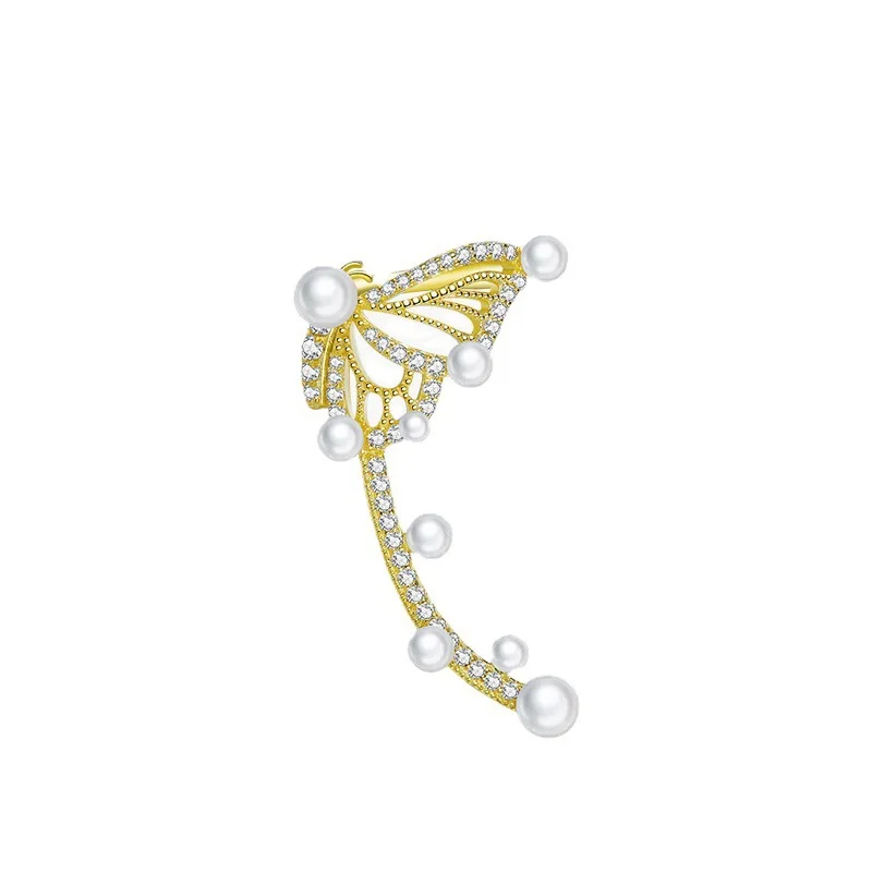 

W40 European style S925 silver needle pearl diamond butterfly earrings ear bone clip integrated fashion ins earring