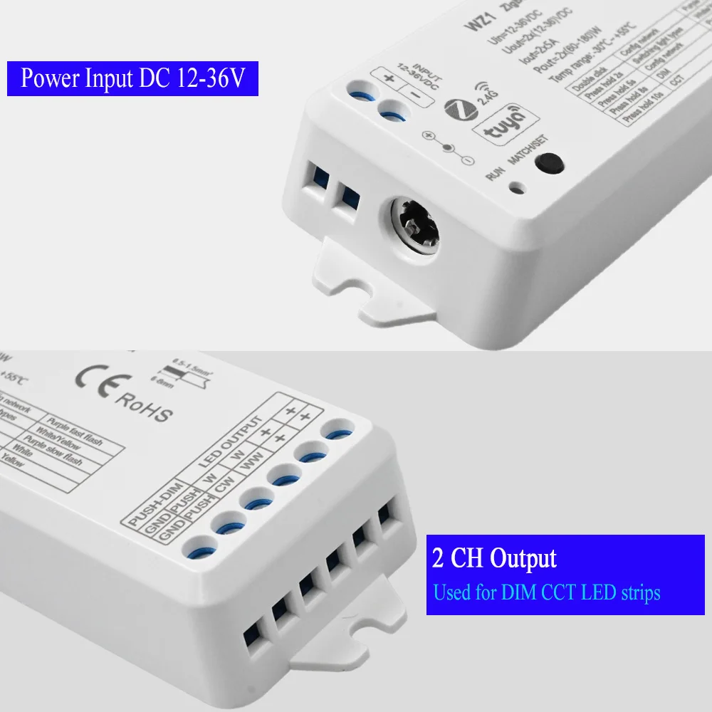 Tuya Zigbee 2CH Smart Led Dimmer Controller DC12V 24V CCT Одноцветная полоса TUYA APP Google Assistant Echo Plus Голосовое