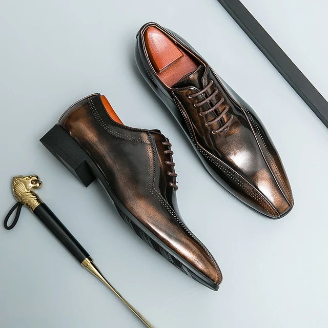 New Oxfords Men Dress Shoes Square Toe Lace-up Spring Autumn Wedding Shoes Pu Leather Shoes for Men with Free Shipping 3