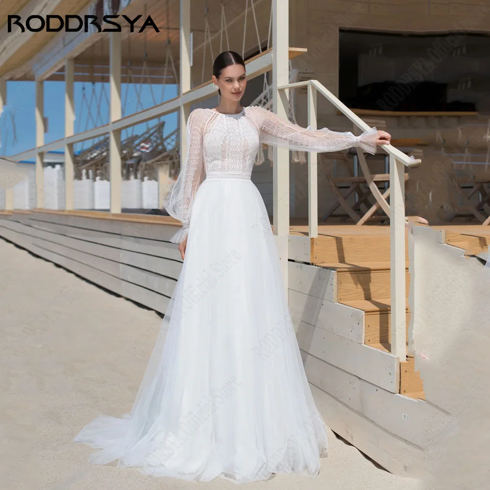 

RODDRSYA Elegant Long Puff Sleeve A-Line Lace Wedding Dress Backless O-Neck Lace Applique Button Bride Gowns vestidos de novia