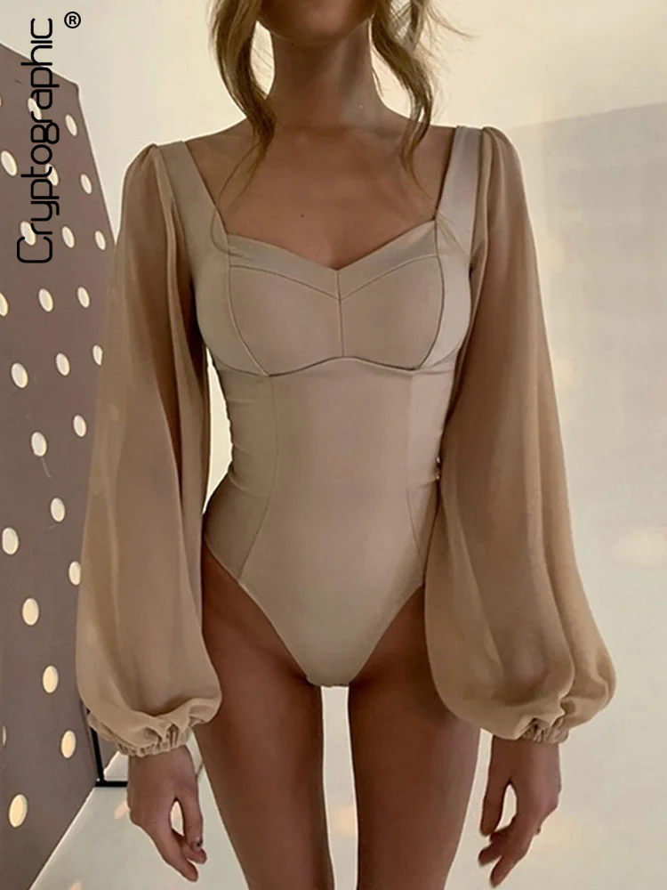 

2022 Elegant Lantern Sleeve Bodysuit Fashion Outfits for Women Tops One Piece Overalls Square Collar Bodysuit Clothes