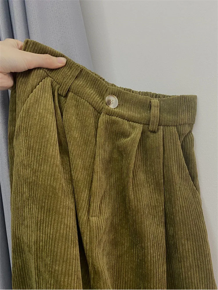 

2022 Autumn Winter Casual Fashion Loose Green Corduroy Pants Women High Waist Loose Soft Girl Korean Style Wide Leg Cotton Pants