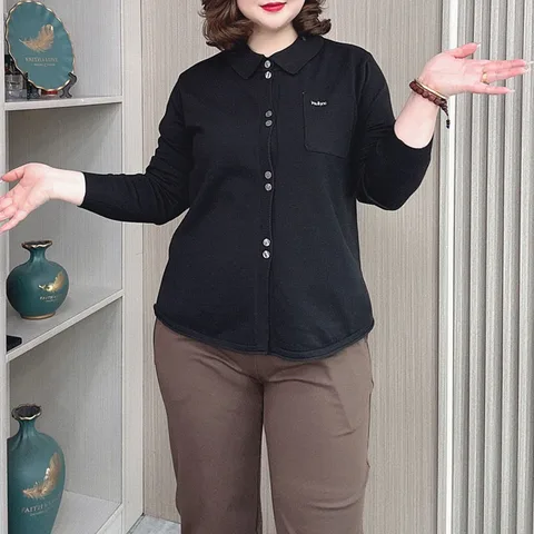 Женский вязаный кардиган с отложным воротником, повседневный свободный джемпер большого размера с вышивкой и карманами, модель 2024 на осень и зиму, 4045