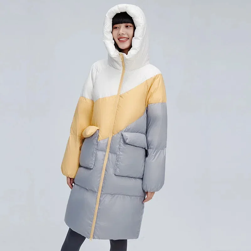 High-Quality Down Jacket Women's 2022 Winter Mid-Length Hooded 90 White Duck Down Parkas Loose Color Matching Warm Coat Female