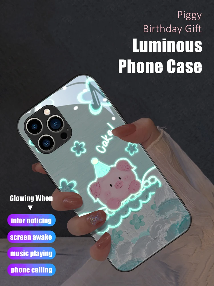 Cute Piggy Cake Birthday Gift LED Light Glowing Luminous Phone Case for Samsung S21 S22 S23 Note 10 20 A14 A54 A73 Plus Ultra