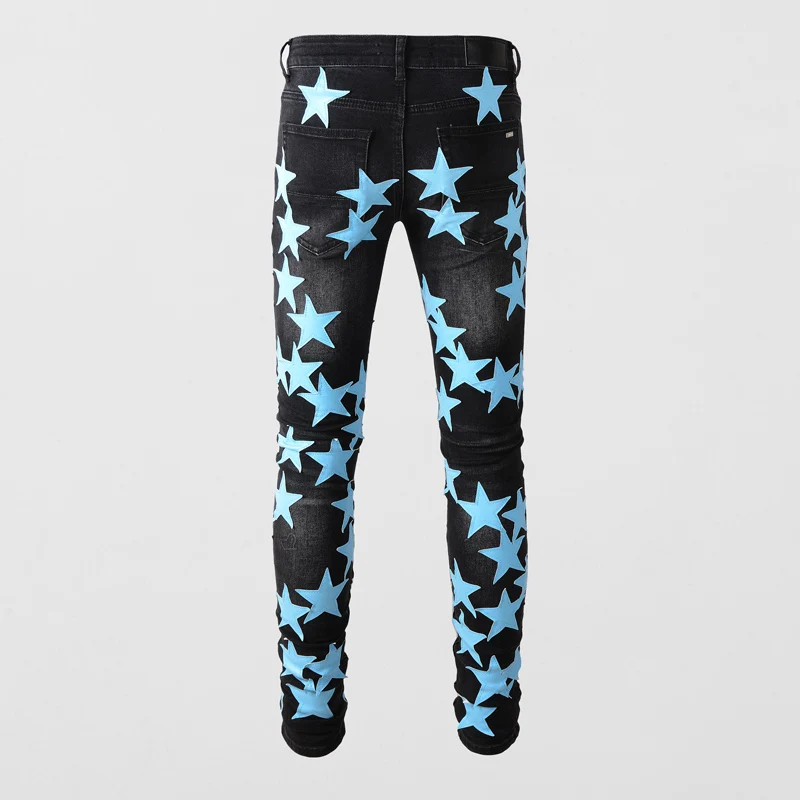 Fashion Streetwear Men Jeans Retro Black Elastic Stretch Skinny Ripped Jeans Men Stars Patch Designer Hip Hop Brand Pants Hombre