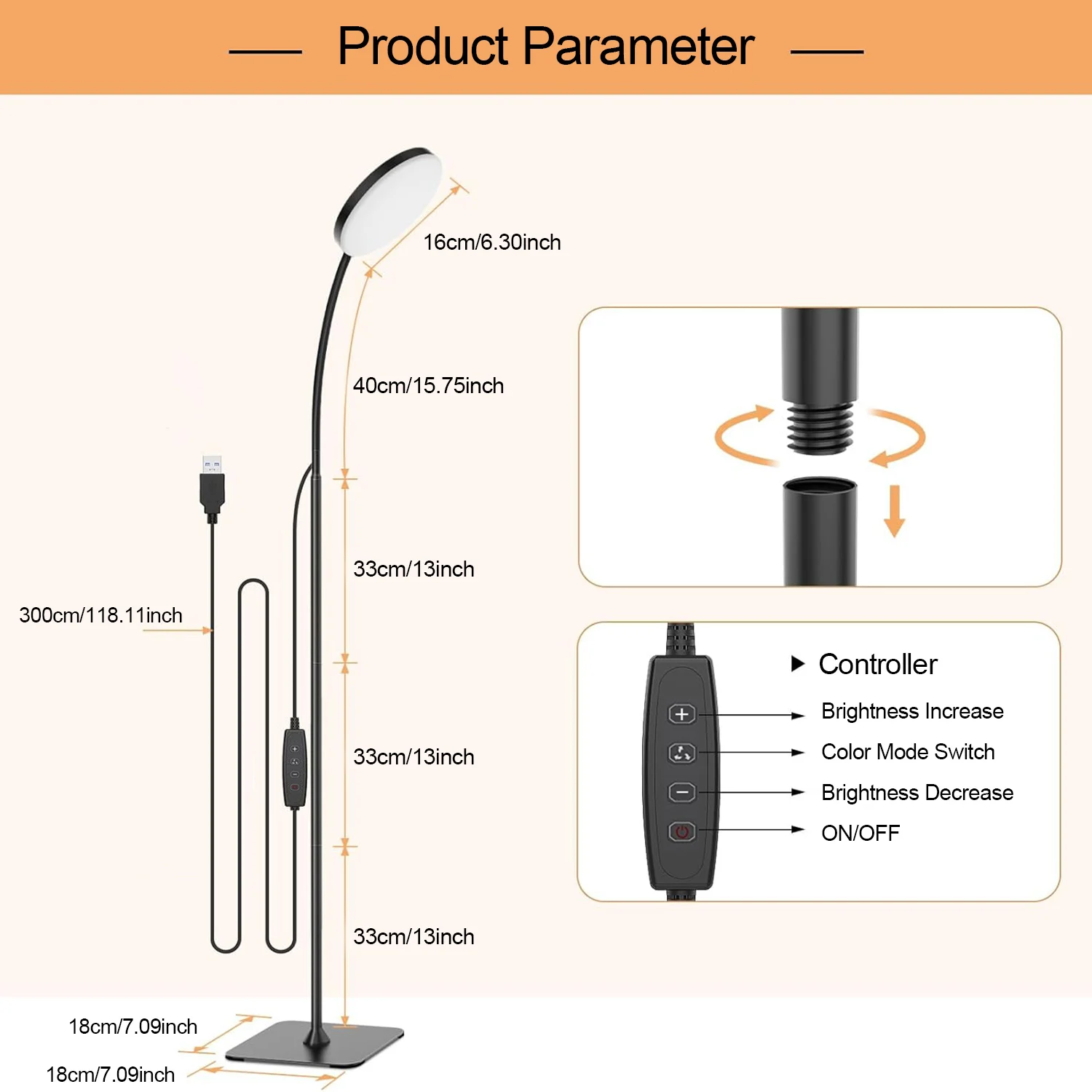 Лампа напольная с регулируемой яркостью и цветовой температурой 3000-6000K