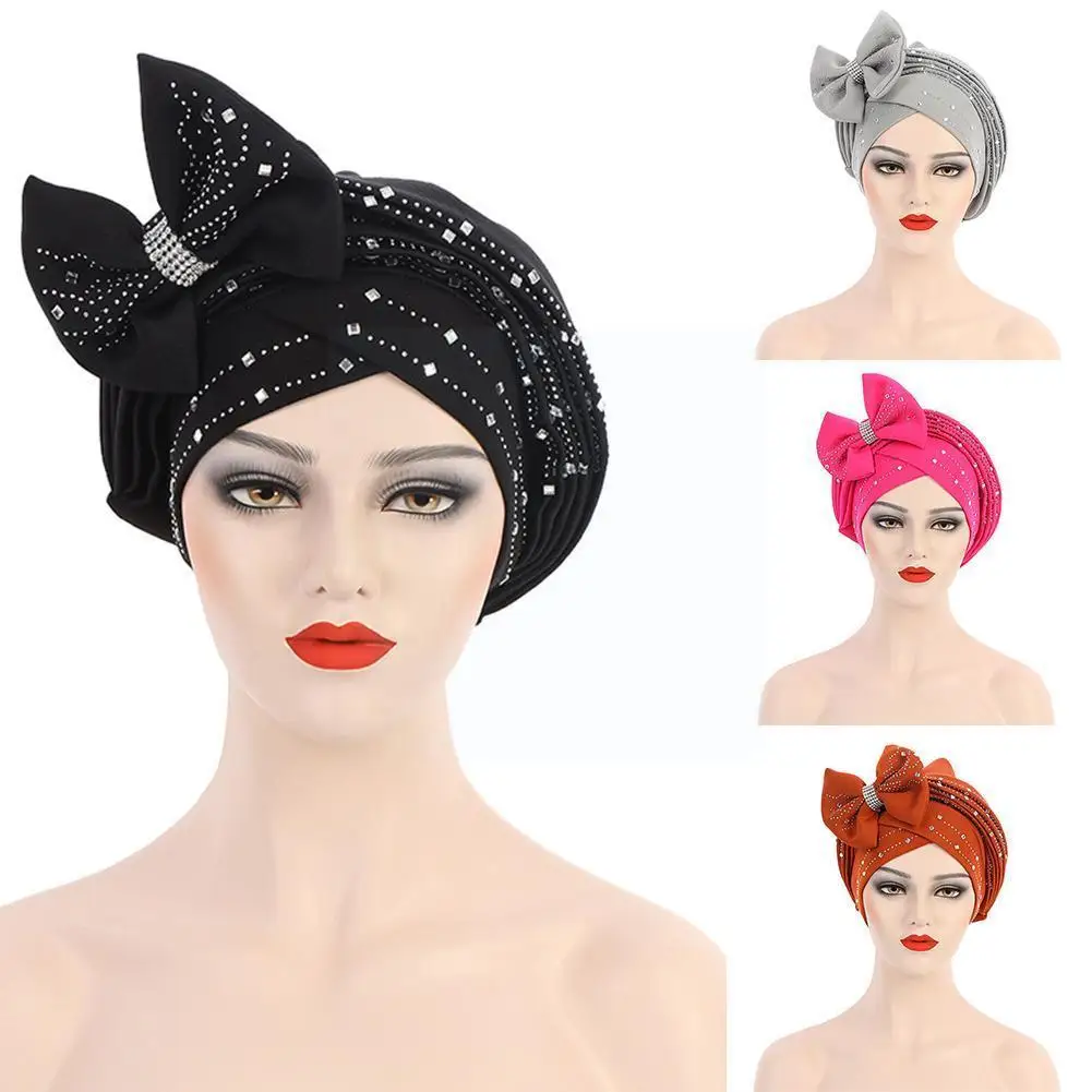 

Hat Muslim Hat Space Layer Hot Stacked With Bow Hat Headtie Bow African Headscarf Diamond Wedding Tie Party Headwear A1o1