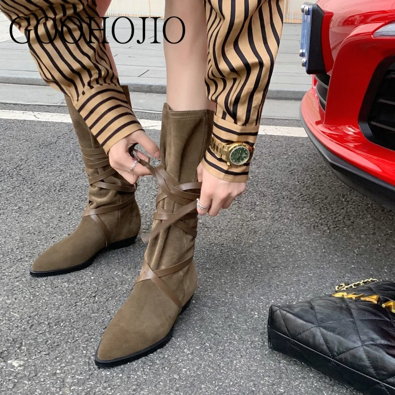 Новые модные женские повседневные сапоги замшевые уличные до середины икры