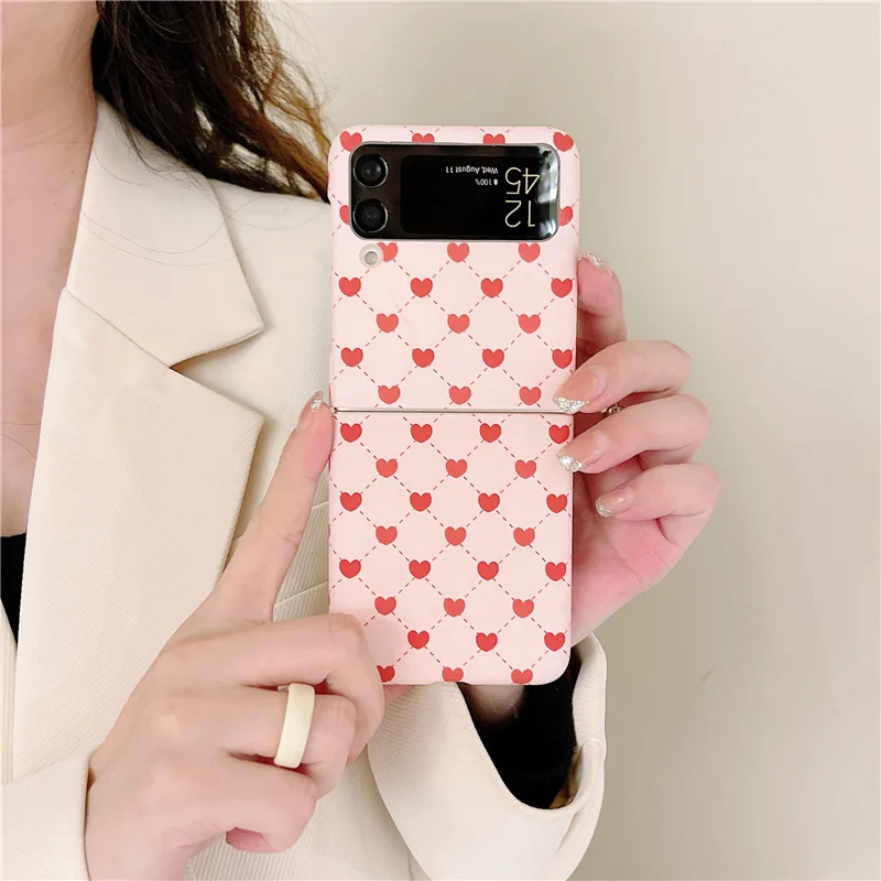 

Fashion Korean Red Hearts Pink Phone Case for Samsung Galaxy Z Flip 3 5G PC Back Cover for ZFlip3 Protective Hard Case Shell