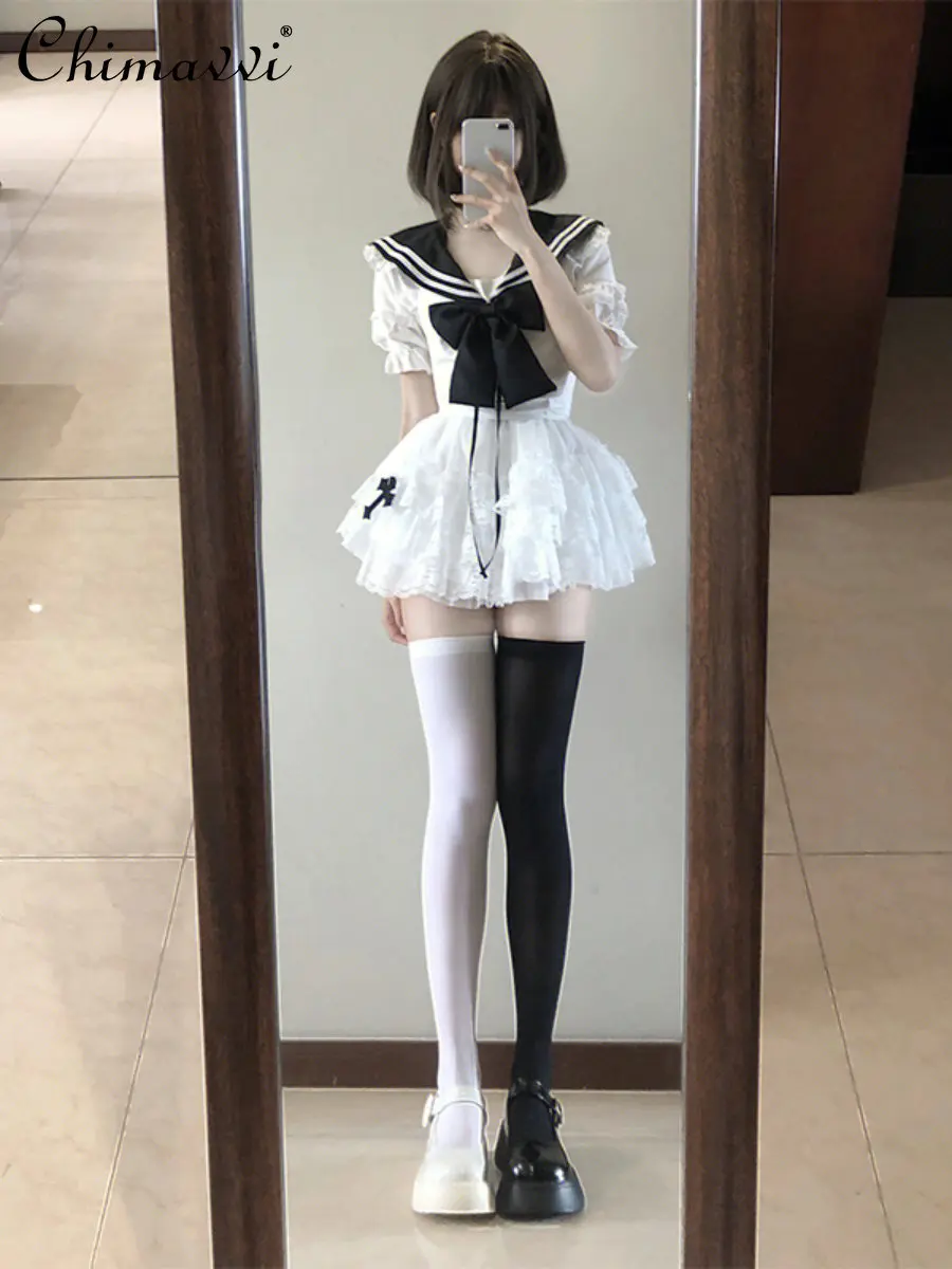

Sailor Collar Bow Puff Short Sleeve Top Puffy A- Line Skirt Outfit Women Spring Summer College Style Sweet Two-Piece Set Women