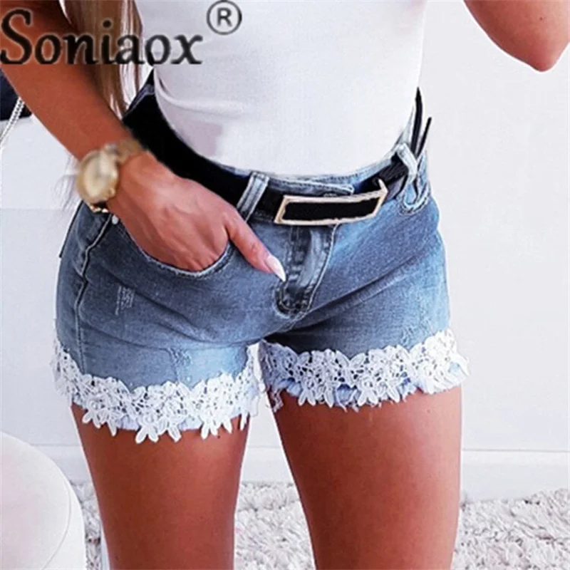 Fashion Street Casual Button Splicing Lace Denim Shorts Female Summer Slim Fit Stretch Three Quarter Pants Women's Skinny Jeans
