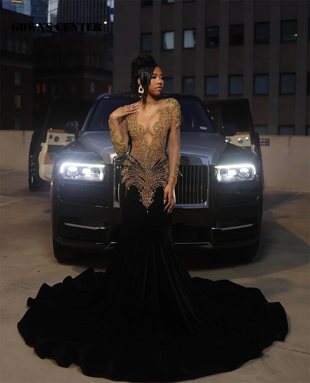 

Gold Crystal Beading Long Sleeve Black Prom Dresses Mermaid Elegant Dress For Wedding Party See Through Sexy Gowns African