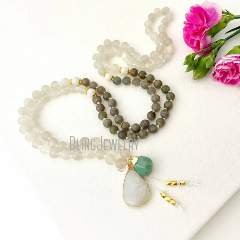 

MN41533 Love And Strength Mala Necklace With Moonstone And Labradorite Stone Beads 108 Prayer Beads Yoga Meditation Gift