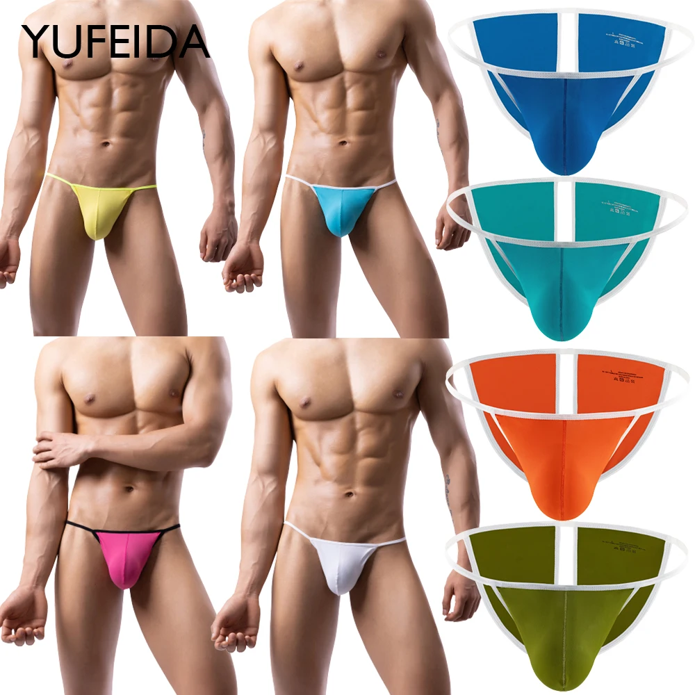 YUFEIDA 4pcs/lot Men's Sexy Thongs Briefs G-string Men Penis Pouch Tanga Bikini Gay Underwear Jockstrap Briefs Open Butt Panties