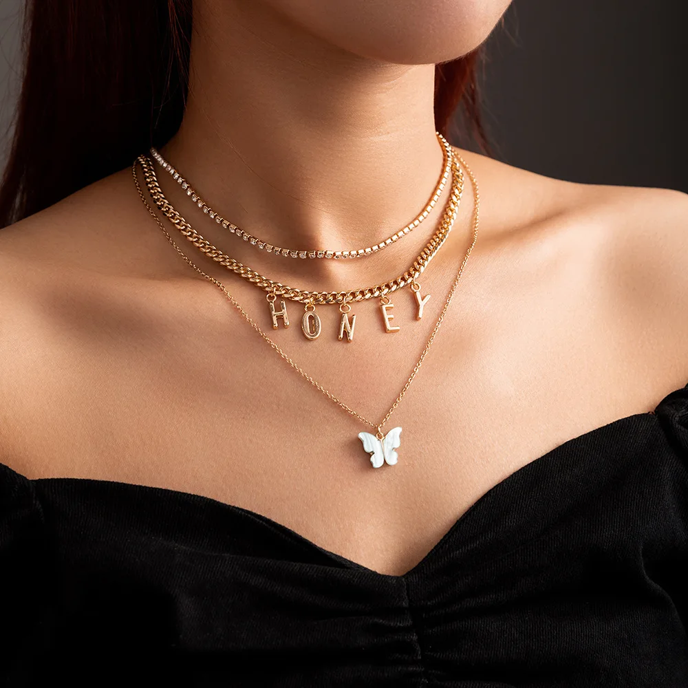 

Wholesale Fashion Necklace Jewelry Trendy Letter Honey Tassel Butterfly Pendant Multi-Layer Women