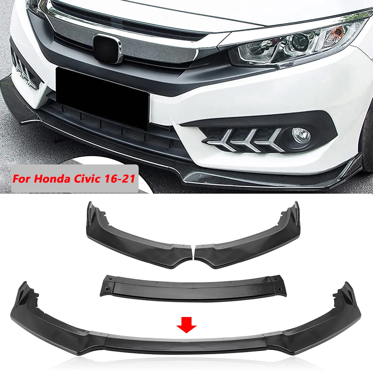 

3pcs Black Carbon Look Front Lip Lower Bumper Spoiler Side Splitters Chin Body Kit For Honda Civic 2016-2021 Car Accessories