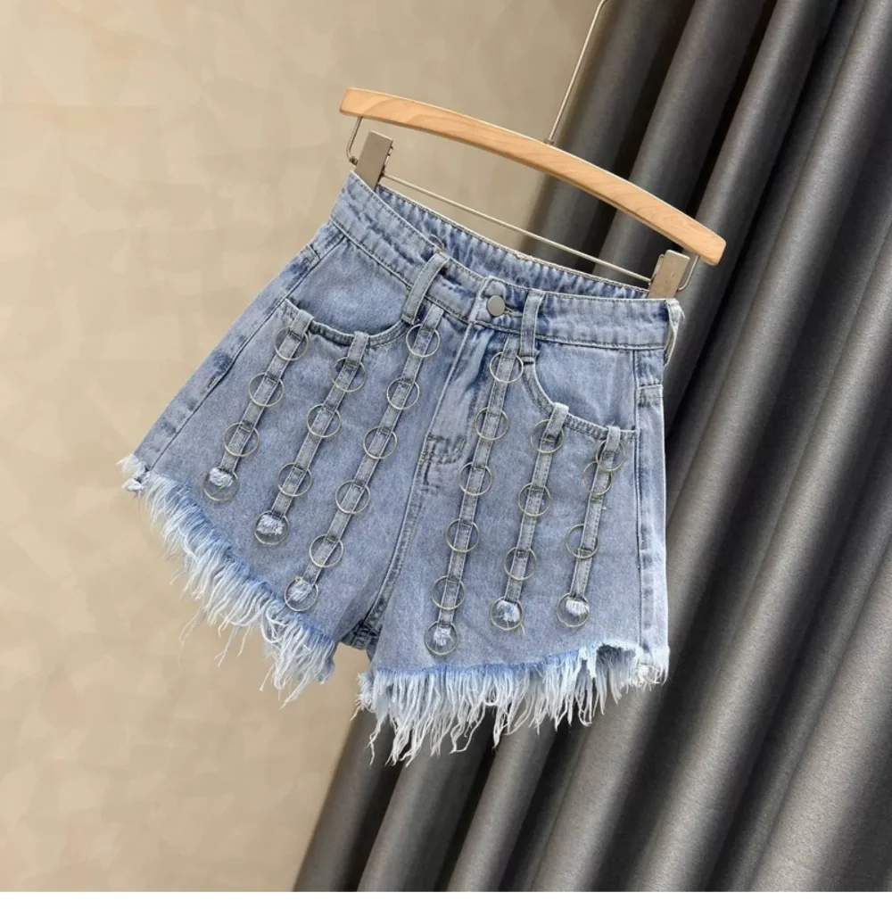 Ins Design Heavy Industry Ring Denim Shorts Women's Clothing Summer New Fashion Tassel Thin Effect High Waist Short Hot Pants