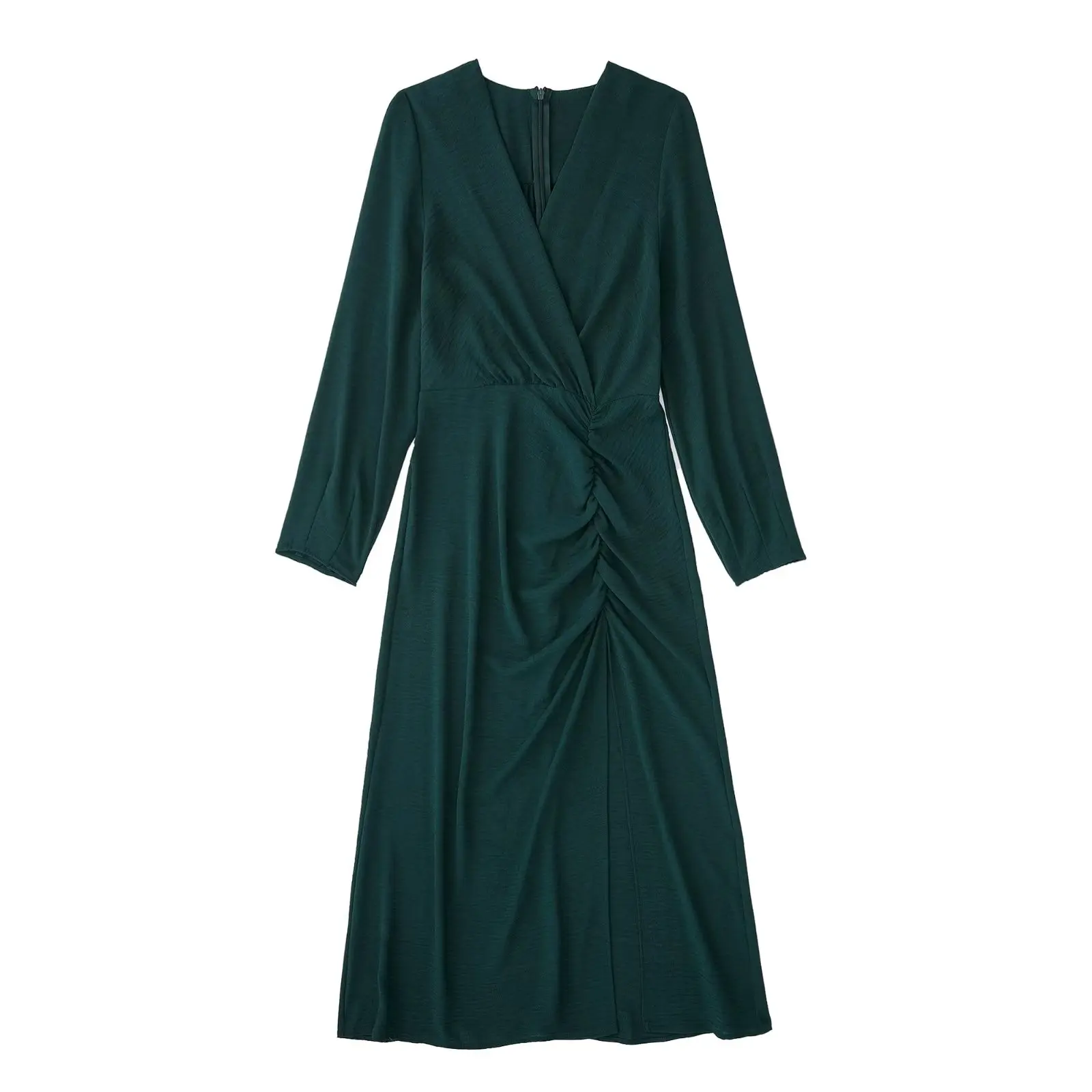 

Women Long Sleeve V-neck Folds Elegant Dark Green Split Midi Evening Dresses vestido feminino