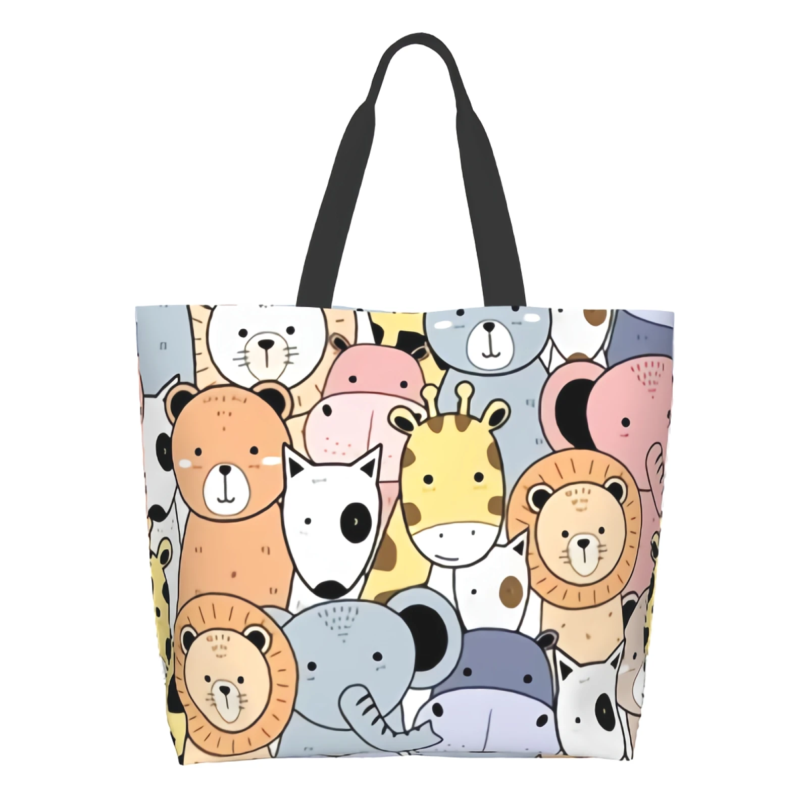 

Pastel Color Animals Shopping Bag Reusable Cartoon Doodle Tote Bag Zoo Shoulder Bag Casual Lightweight Large Capacity