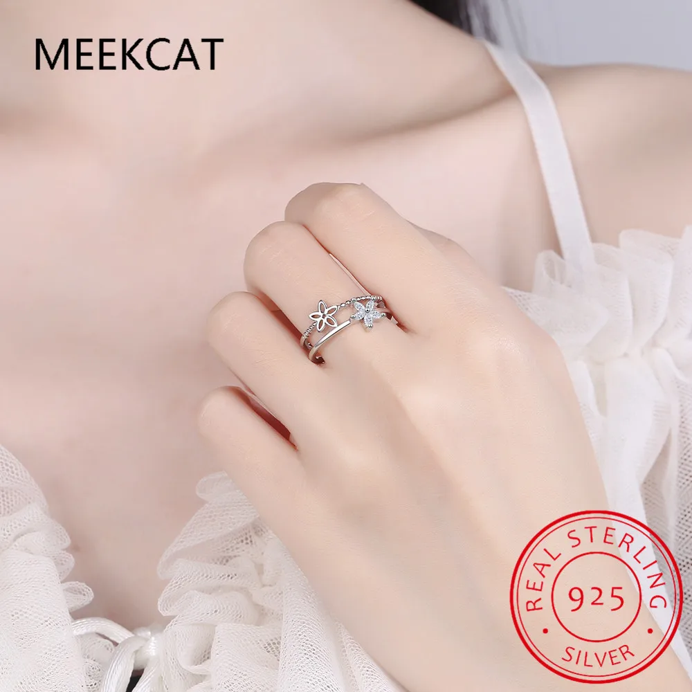 Настоящее серебро 925 блестящее циркониевое двухслойное кольцо с милым цветком