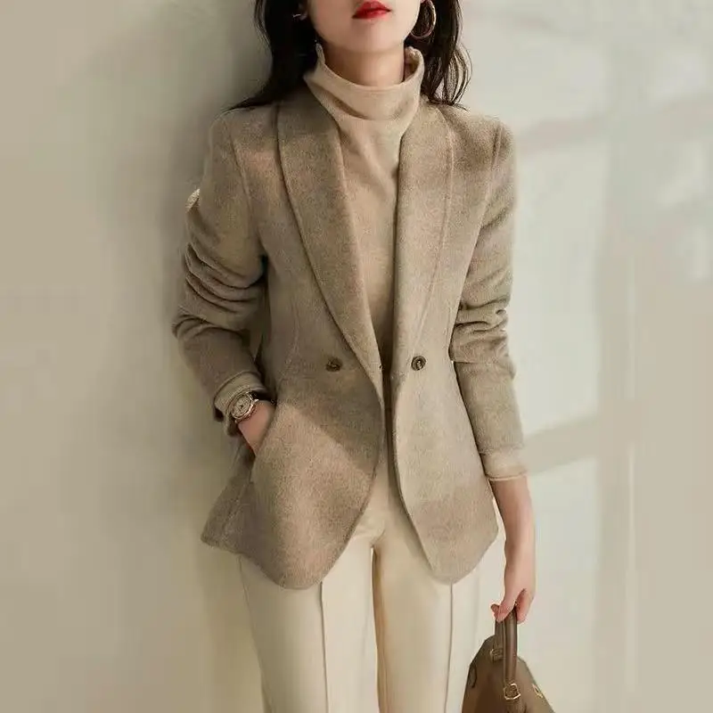 

Женское шерстяное пальто на одной пуговице, повседневная шерстяная куртка в Корейском стиле, Осень-зима 2023