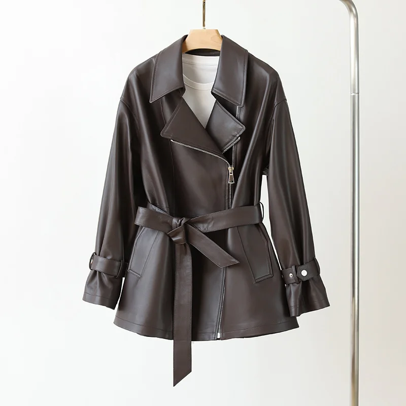 

Женское демисезонное пальто из натуральной овечьей кожи с поясом, облегающий кожаный тренчкот Zm1691