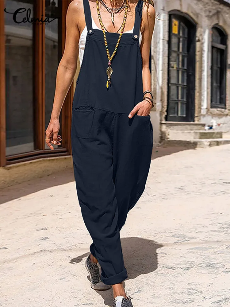 

Summer Rompers Women Celmia Fashion Sleeveless Suspender Long Jumpsuits Casual Pockets Romper Streetwear Cotton Soft Overalls
